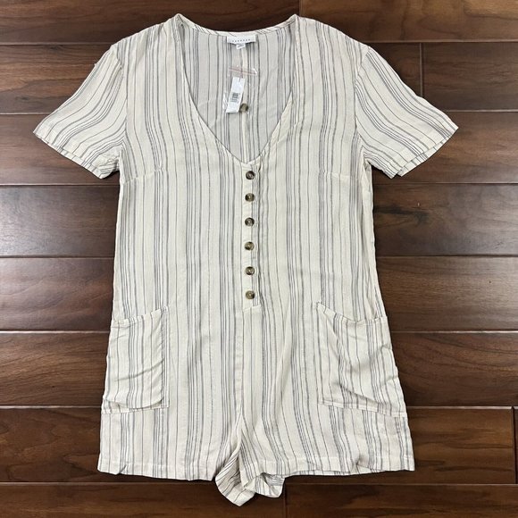 Topshop Women's Size US 8‎ / 10 Cream Black Striped Button Front Romper Cover Up - Picture 1 of 8